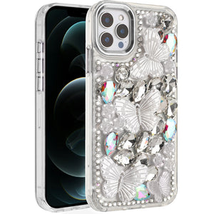 iPhone 12 Pro Max Silver Butterfly Bling Stones Case