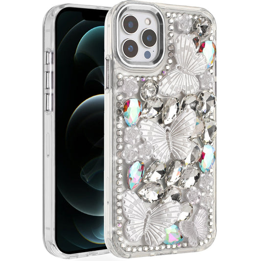 iPhone 12 Pro Max Silver Butterfly Bling Stones Case