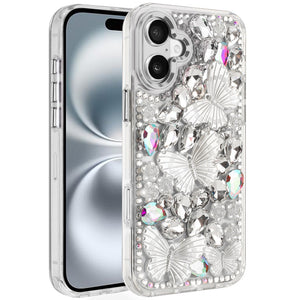 iPhone 16 6.1 - Floral Butterfly Bling Hybrid Case - Silver