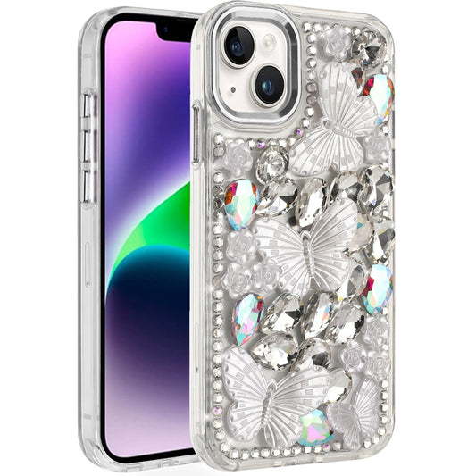 iPhone 13/14 Silver Floral Butterfly Bling Case