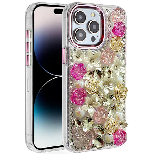iPhone 14 Pro Max Pink Rose Bling Stones Case