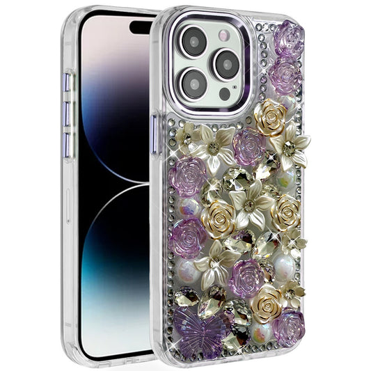 iPhone 14 Pro Max Purple Rose Bling Stones Case