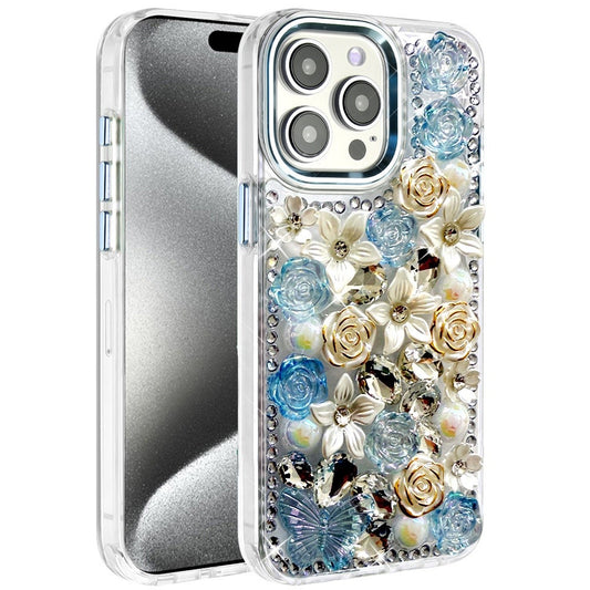 iPhone 15 Pro Max Blue Rose Bling Stones Case
