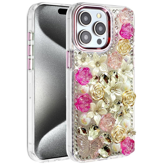 iPhone 15 Pro Max Pink Rose Bling Stones Case