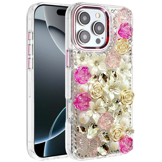 iPhone 16 Pro Max 6.9 Muti-Color Rose Bling Stones Ornaments Case - Pink