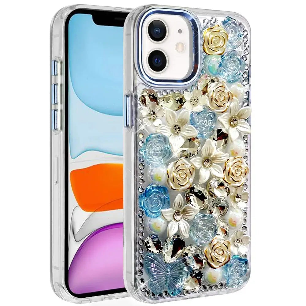 iPhone 11 Blue Rose Bling Stones Ornaments Case