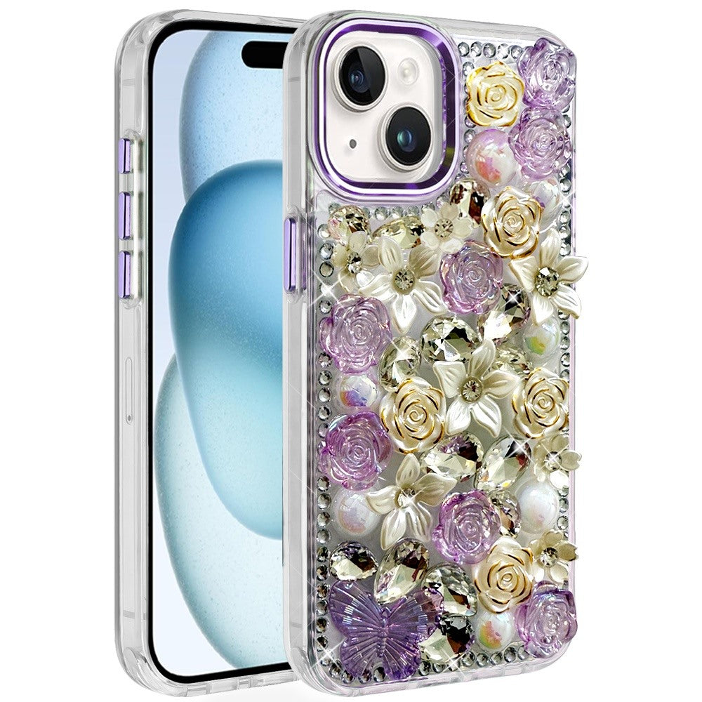 iPhone 15 Purple Rose Bling Stones Case