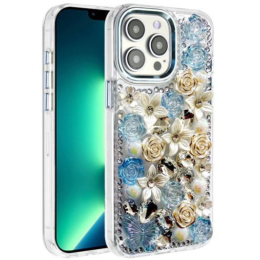 iPhone 13 Pro Max Blue Rose Bling Stones Case