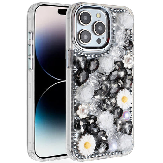 iPhone 14 Pro Max Black Floral Bling Glitter Hybrid Case
