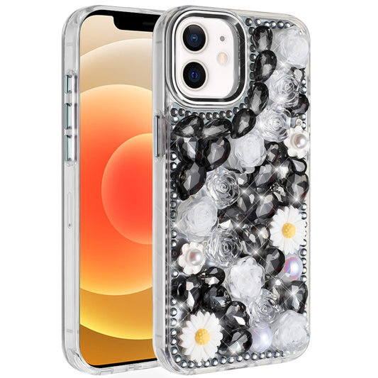 iPhone 12/12 Pro Black Full Bling Floral Hybrid Case