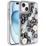 iPhone 15 Black Floral Bling Glitter Hybrid Case