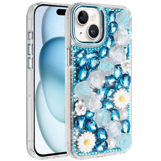 iPhone 15 Blue Floral Bling Glitter Hybrid Case