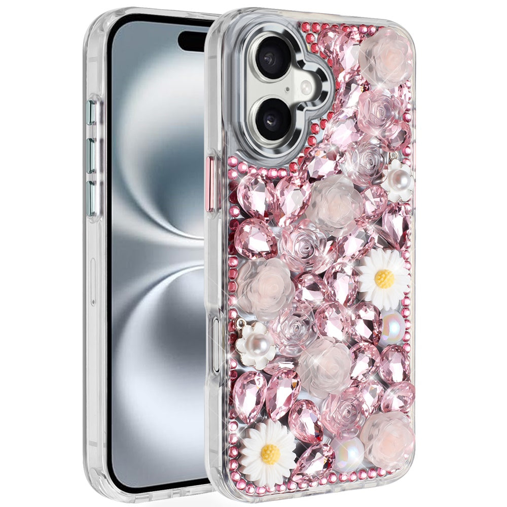 iPhone 16 6.1 - Full Bling Floral Glitter Hybrid Case - Pink