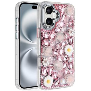 iPhone 16 6.1 - Full Bling Floral Glitter Hybrid Case - Pink