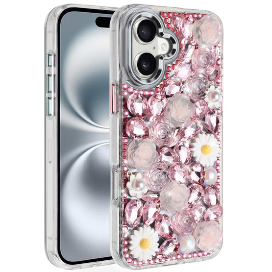 iPhone 16 6.1 - Full Bling Floral Glitter Hybrid Case - Pink
