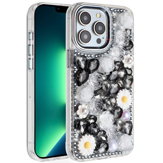 iPhone 13 Pro Max Black Full Bling Floral Hybrid Case