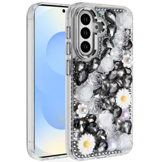 Samsung S25/S24 Black Full Bling Glitter Floral Hybrid Case