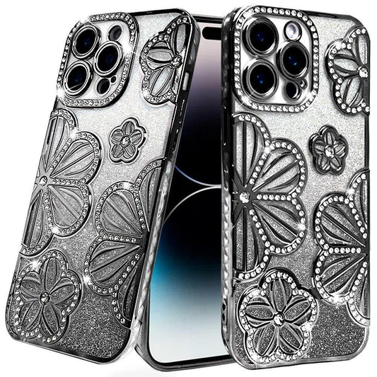 iPhone 14 Pro Max Black Glitter Floral TPU Case