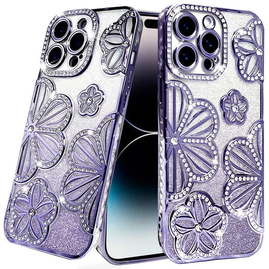 iPhone 14 Pro Max Purple Glitter Floral TPU Case