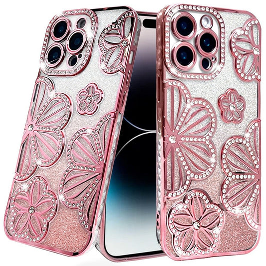 iPhone 14 Pro Max Rose Gold Glitter Floral TPU Case