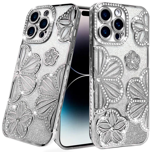 iPhone 14 Pro Max Silver Glitter Floral TPU Case