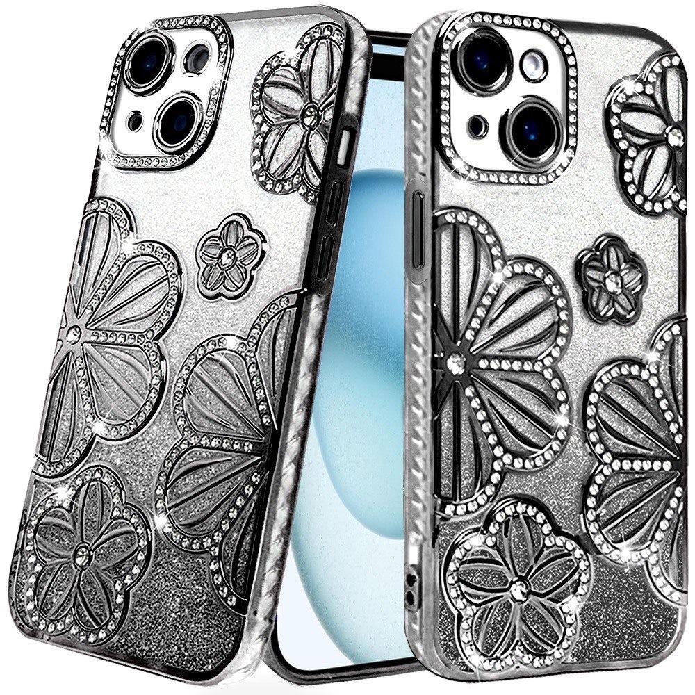 iPhone 15/14 Plus Black Glitter Floral TPU Case