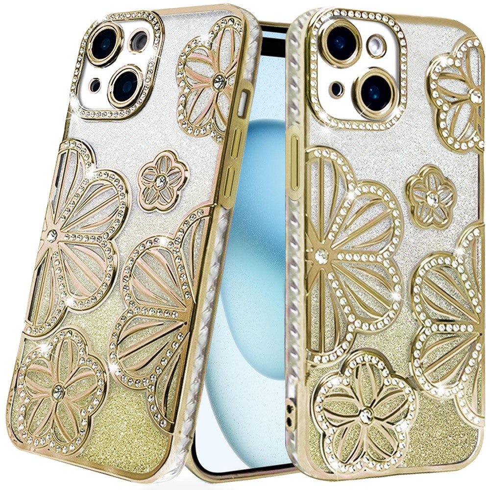 iPhone 15/14 Plus Gold Glitter Floral TPU Case