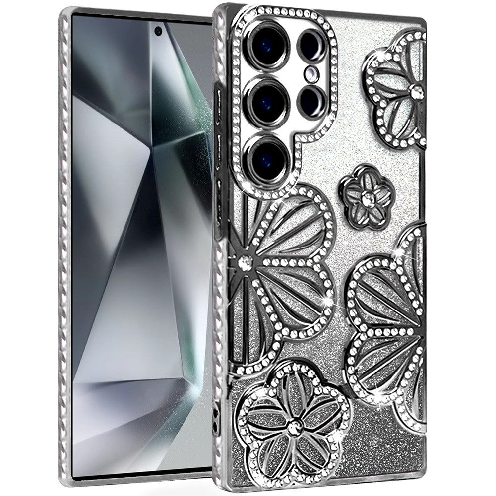 Samsung S24 Ultra Black Glitter Floral TPU Case
