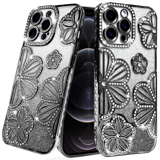 iPhone 12 Pro Max Black Glitter Floral TPU Case