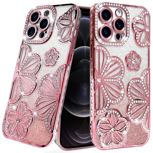 iPhone 12 Pro Max Rose Gold Glitter Floral TPU Case