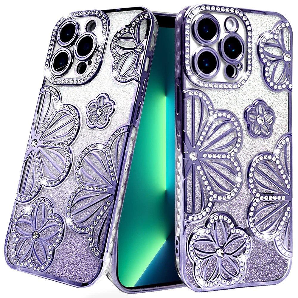 iPhone 13 Pro Max Purple Glitter Floral TPU Case
