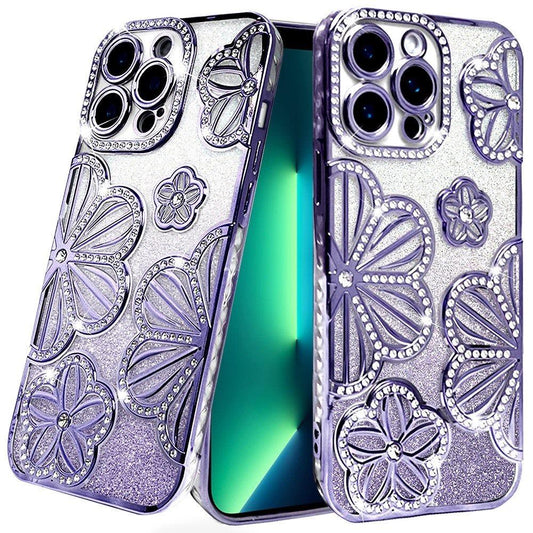 iPhone 13 Pro Max Purple Glitter Floral TPU Case