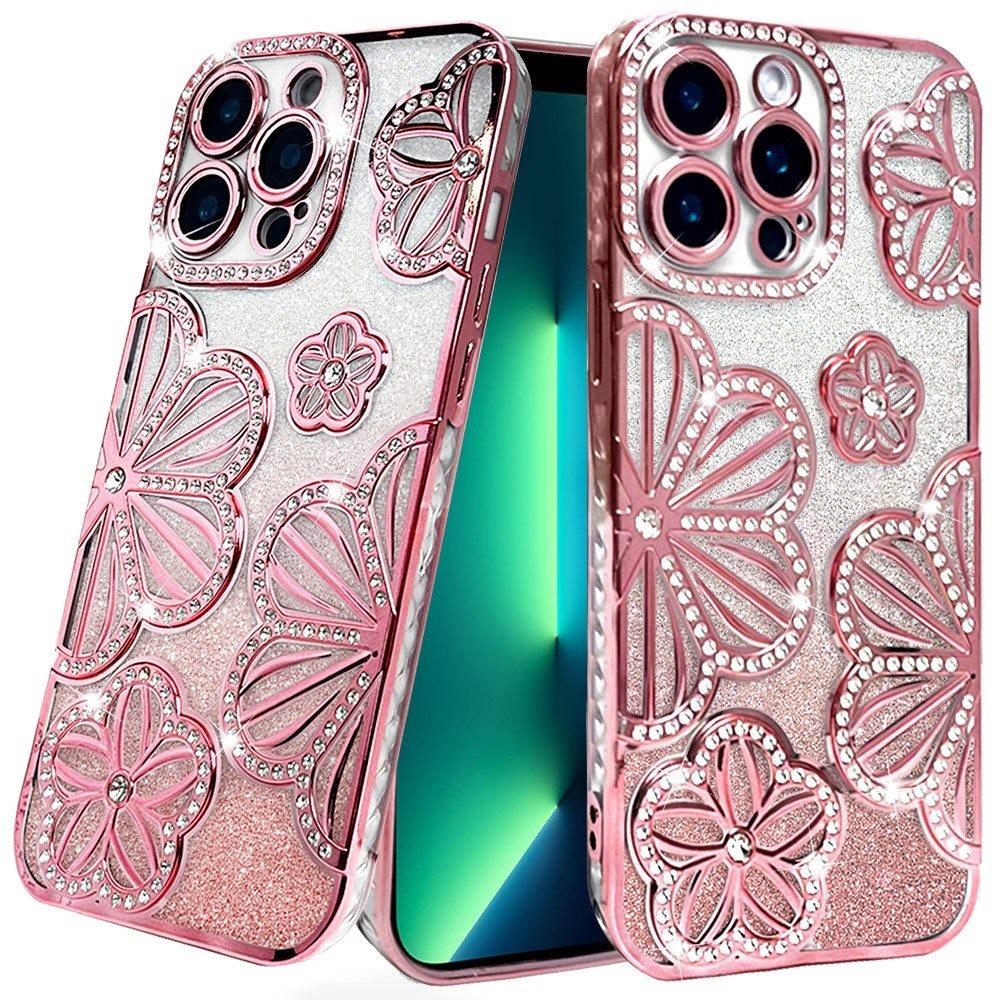 iPhone 13 Pro Max Rose Gold Glitter Floral TPU Case