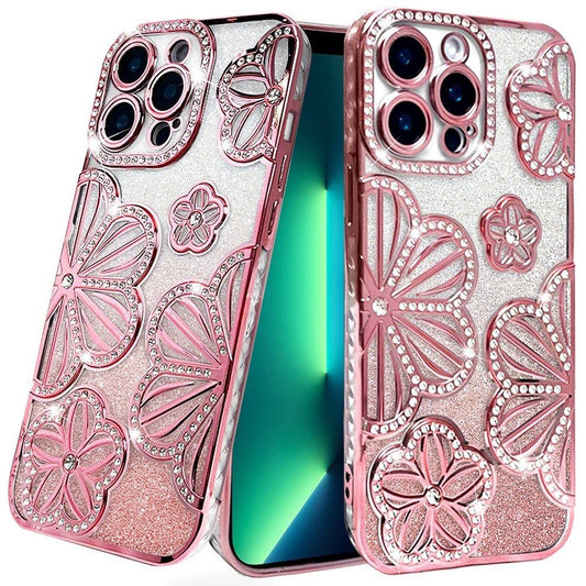 iPhone 13 Pro Max Rose Gold Glitter Floral TPU Case
