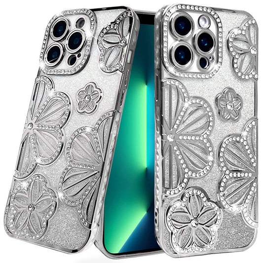 iPhone 13 Pro Max Silver Glitter Floral TPU Case