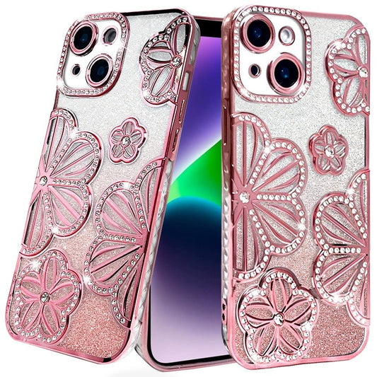 iPhone 13/14 Rose Gold Glitter Floral TPU Case
