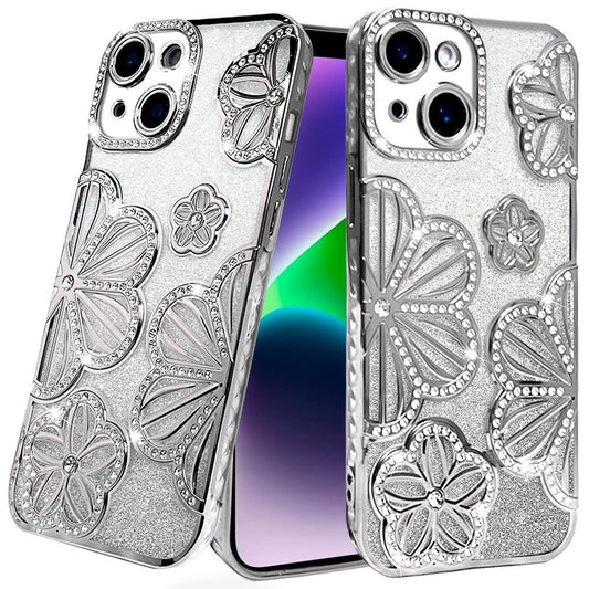 iPhone 13/14 Silver Glitter Floral TPU Case