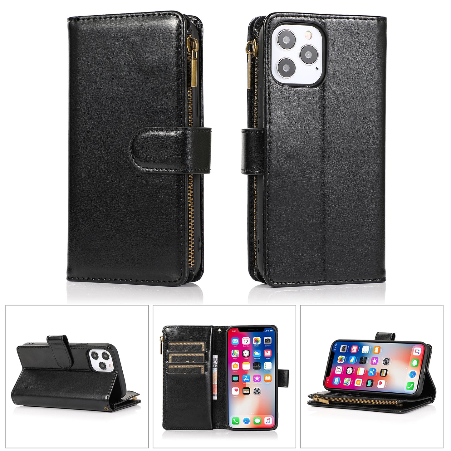 iPhone 15 Black Luxury Wallet Zipper Case